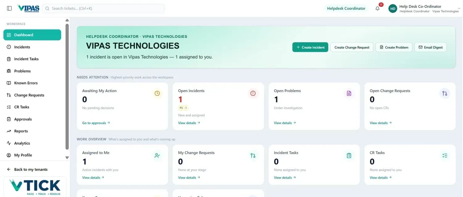 A Vtick project workspace dashboard, with the sidebar menu on the left, a header offering Create Incident, Create Change Request, Create Problem and Email Digest, and Needs Attention and Work Overview card bands.