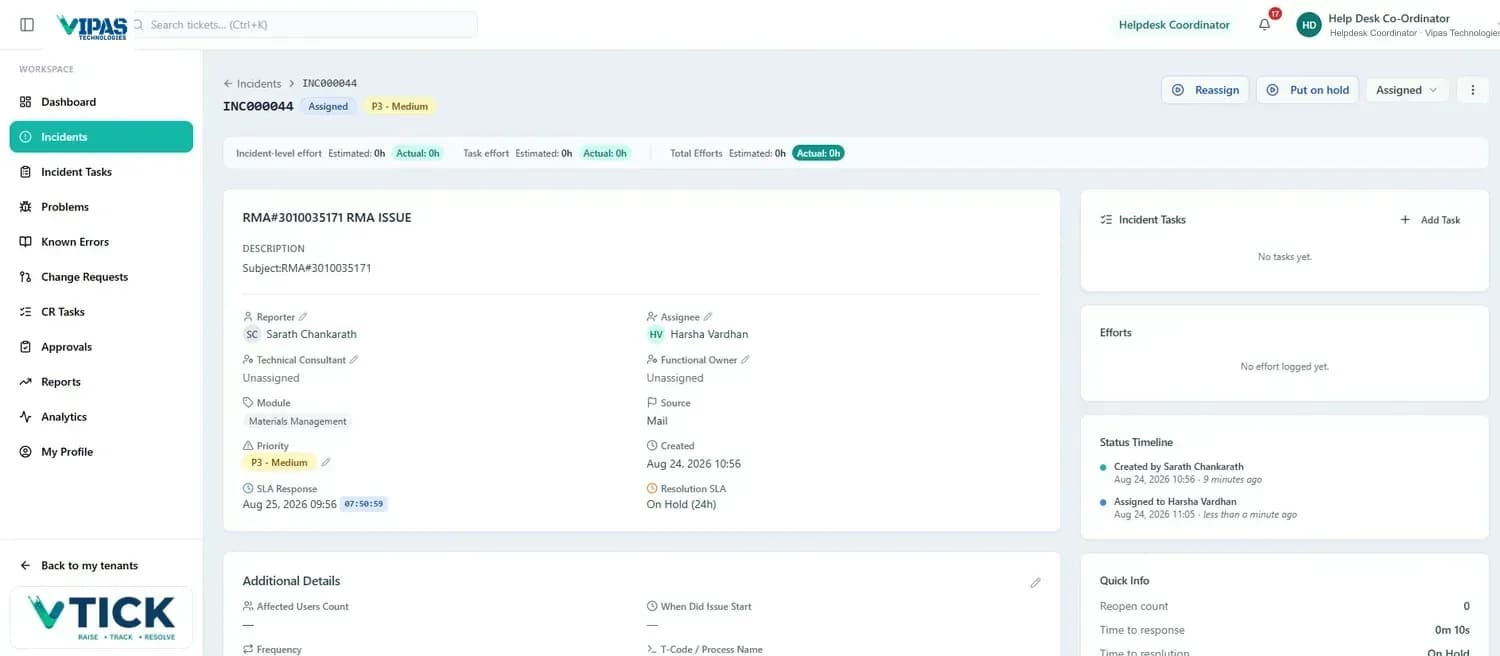 An incident detail page showing the code, status and priority, Reassign and Put on hold actions, and an effort strip with incident-level, task and total efforts as estimated against actual.