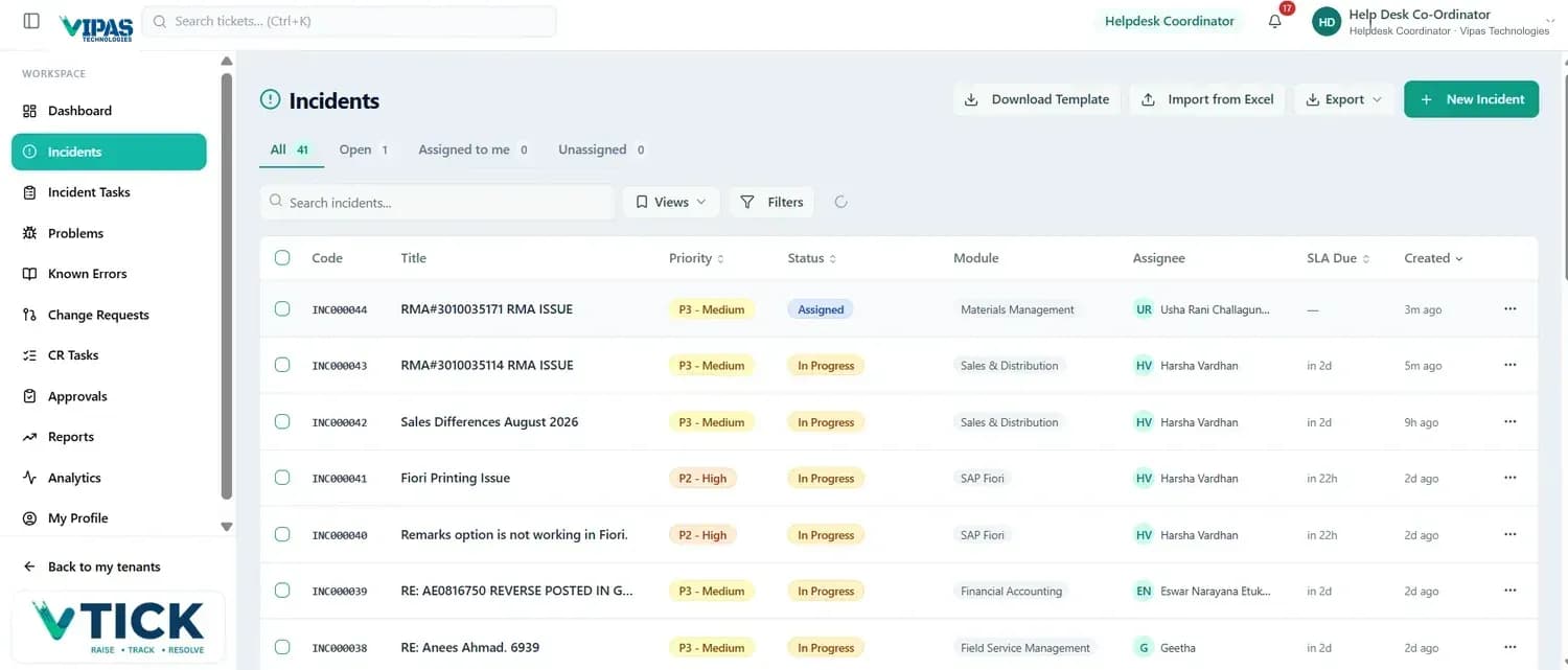 The Vtick Incidents list with All, Open, Assigned to me and Unassigned tabs, a New Incident button, Download Template and Import from Excel, Export, Views and Filters.
